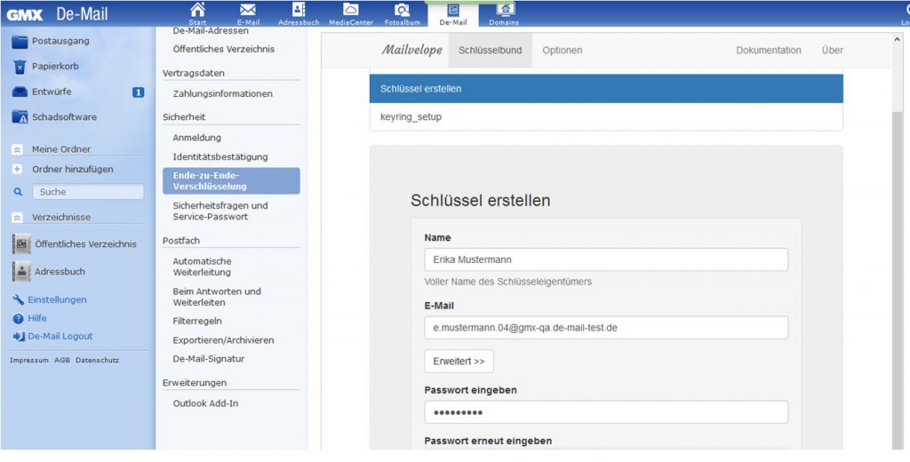 Schlüssel erstellen bei GMX De-Mail