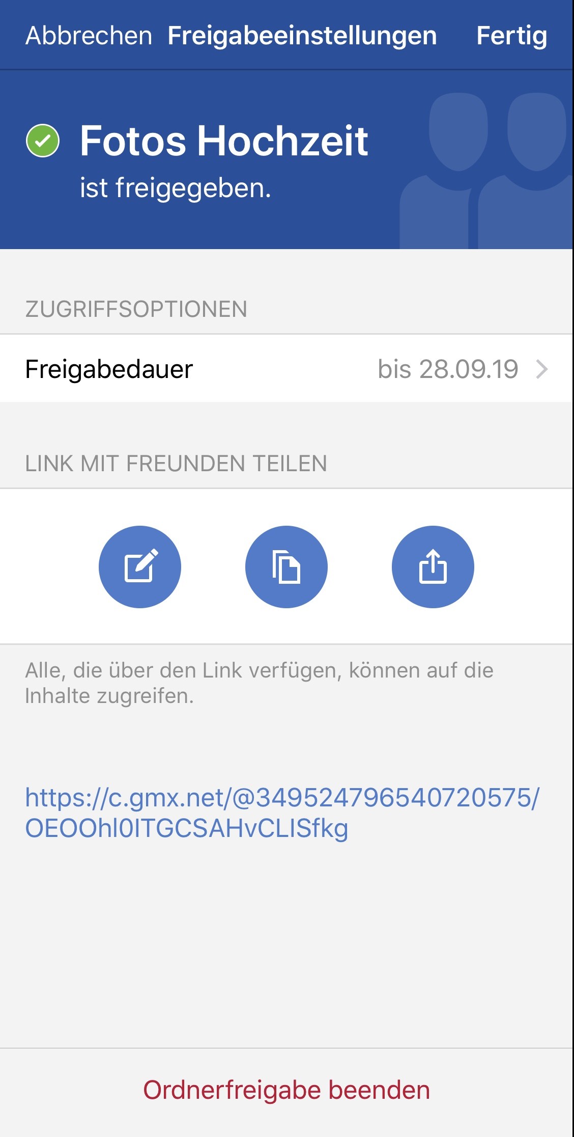 Ordner-Freigaben lassen sich in der GMX Mail App genau konfigurieren. (c) GMX