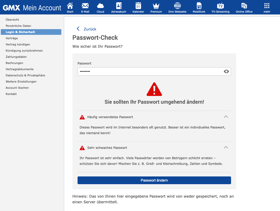Unter "Mein Account" findet sich der GMX Passwort-Check. (c) GMX